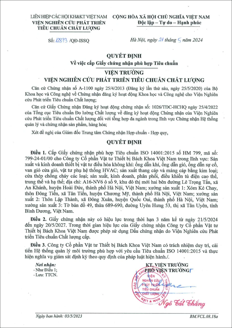 Giấy chứng nhận cửa chống cháy Bách khoa việt nam