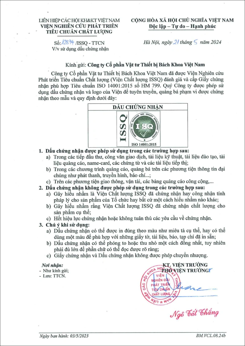 Giấy chứng nhận cửa chống cháy Bách khoa việt nam