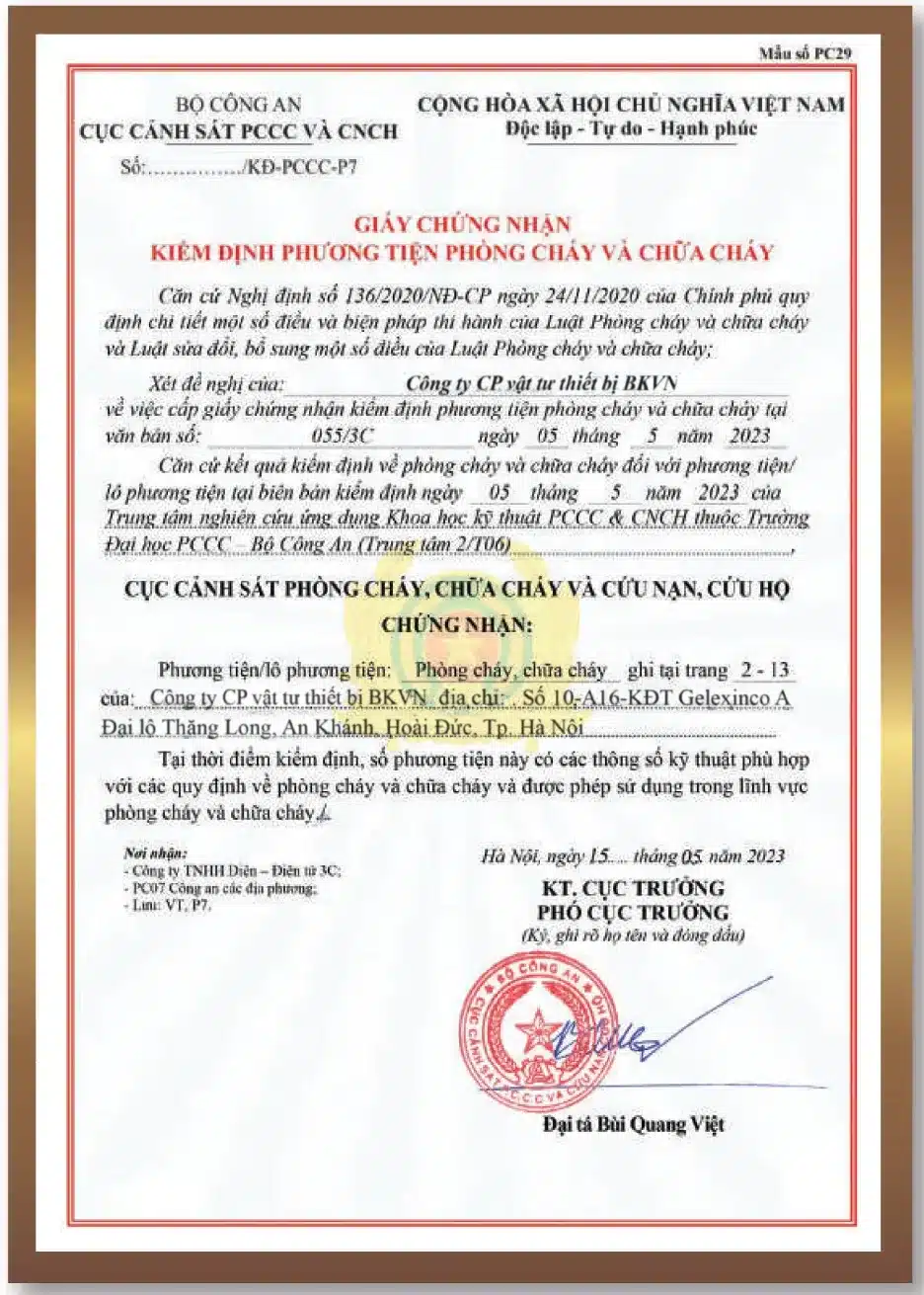 Giấy chứng nhận kiểm định cửa chống cháy